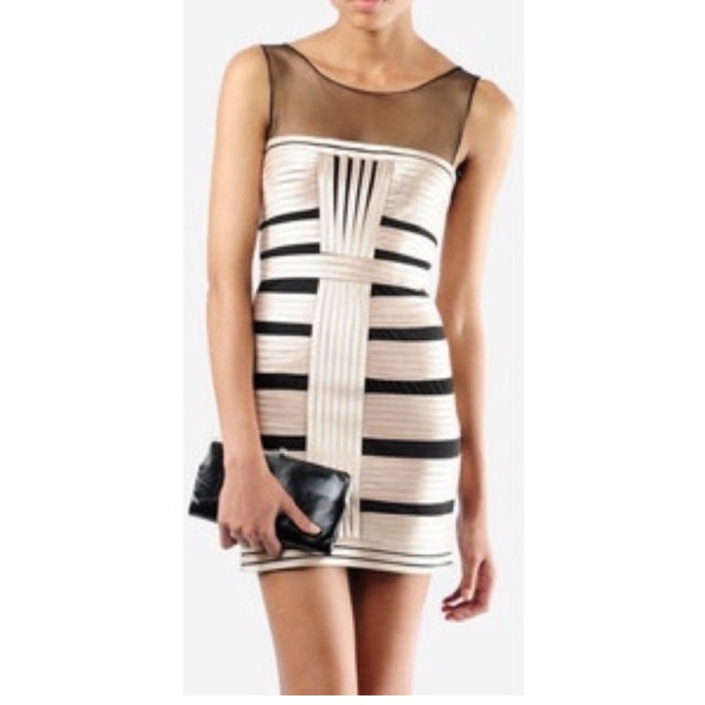 BCBG MaxAzria bandage dress champagne satin black mesh size 4 prom party bodycon - Picture 2 of 11